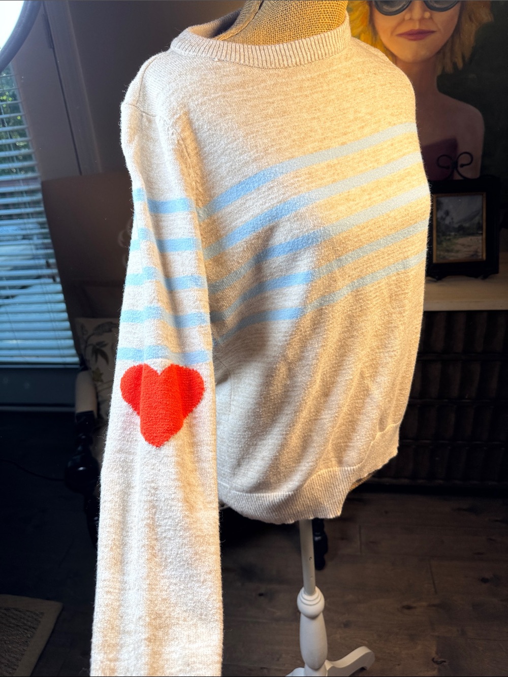THML Womens Cream Striped Sweater with Red Heart Elbow Patch